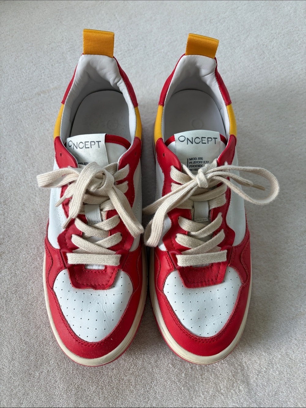 Oncept Phoenix Women's Retro Red Low-Top Sneakers with Yellow Heel Tab